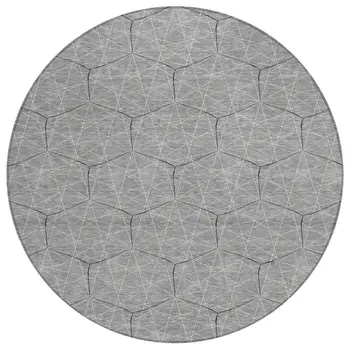 8' Gray Black And Ivory Round Geometric Washable Indoor Outdoor Area Rug