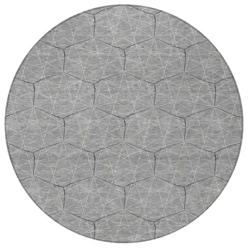 8' Gray Black And Ivory Round Geometric Washable Indoor Outdoor Area Rug