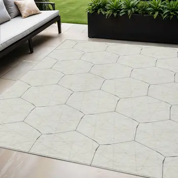 5' X 8' Linen Beige And Black Geometric Washable Indoor Outdoor Area Rug