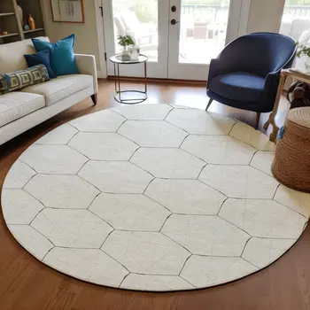 8' Linen Beige And Black Round Geometric Washable Indoor Outdoor Area Rug