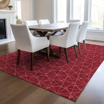 3' X 5' Red Black And Ivory Geometric Washable Indoor Outdoor Area Rug