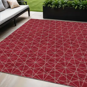 5' X 8' Red Black And Ivory Geometric Washable Indoor Outdoor Area Rug