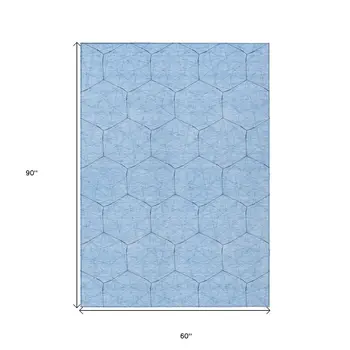 5' X 8' Sky Blue And Black Geometric Washable Indoor Outdoor Area Rug