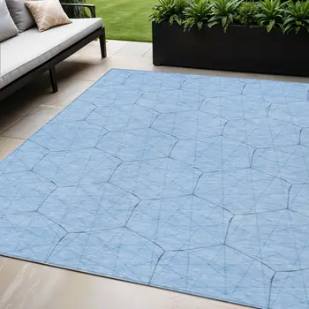 5' X 8' Sky Blue And Black Geometric Washable Indoor Outdoor Area Rug