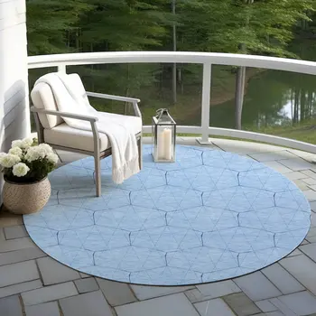 8' Sky Blue And Black Round Geometric Washable Indoor Outdoor Area Rug