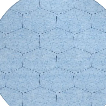 8' Sky Blue And Black Round Geometric Washable Indoor Outdoor Area Rug