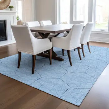9' X 12' Sky Blue And Black Geometric Washable Indoor Outdoor Area Rug