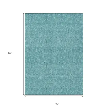 5' X 8' Teal Blue Black And Ivory Geometric Washable Indoor Outdoor Area Rug