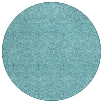 8' Teal Blue Black And Ivory Round Geometric Washable Indoor Outdoor Area Rug