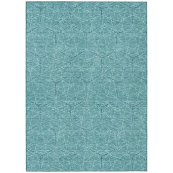 8' X 10' Teal Blue Black And Ivory Geometric Washable Indoor Outdoor Area Rug