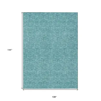 9' X 12' Teal Blue Black And Ivory Geometric Washable Indoor Outdoor Area Rug