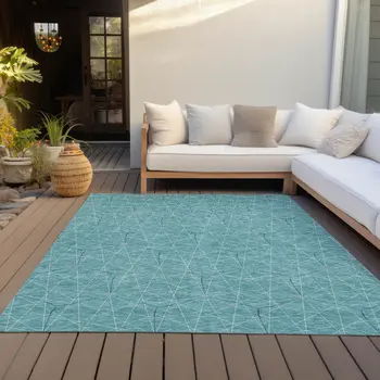 9' X 12' Teal Blue Black And Ivory Geometric Washable Indoor Outdoor Area Rug