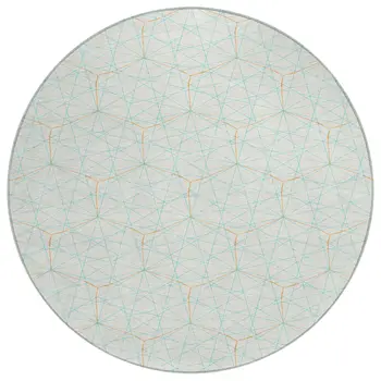 8' White Aqua And Copper Round Geometric Washable Indoor Outdoor Area Rug