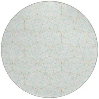8' White Aqua And Copper Round Geometric Washable Indoor Outdoor Area Rug