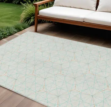 10' X 14' White Aqua And Copper Geometric Washable Indoor Outdoor Area Rug