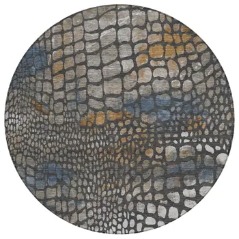 8' Charcoal Brown And Copper Round Abstract Washable Indoor Outdoor Area Rug
