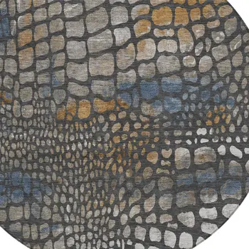 8' Charcoal Brown And Copper Round Abstract Washable Indoor Outdoor Area Rug