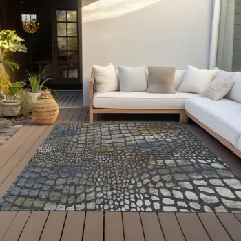 9' X 12' Charcoal Brown And Copper Abstract Washable Indoor Outdoor Area Rug
