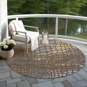 8' Chocolate Beige And Copper Round Abstract Washable Indoor Outdoor Area Rug