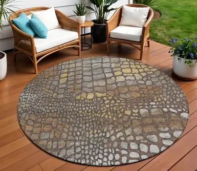 8' Chocolate Beige And Copper Round Abstract Washable Indoor Outdoor Area Rug