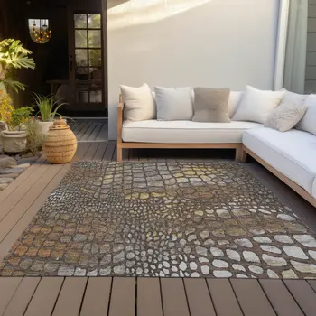 10' X 14' Chocolate Beige And Copper Abstract Washable Indoor Outdoor Area Rug
