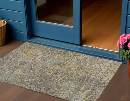 3' X 5' Gold And Gray Abstract Washable Indoor Outdoor Area Rug