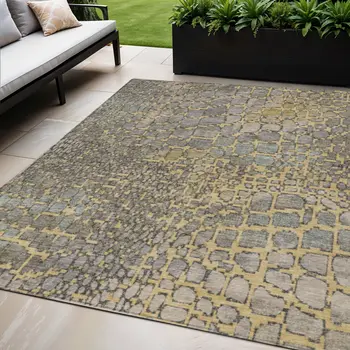 5' X 8' Gold And Gray Abstract Washable Indoor Outdoor Area Rug