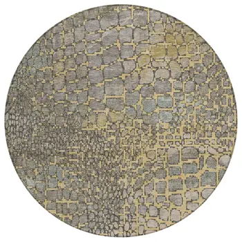 8' Gold And Gray Round Abstract Washable Indoor Outdoor Area Rug