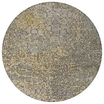 8' Gold And Gray Round Abstract Washable Indoor Outdoor Area Rug