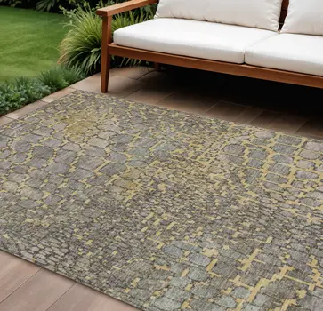 8' X 10' Gold And Gray Abstract Washable Indoor Outdoor Area Rug