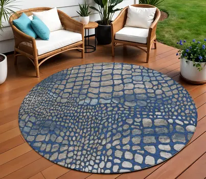 8' Navy Blue Gray And Brown Round Abstract Washable Indoor Outdoor Area Rug