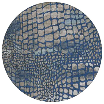 8' Navy Blue Gray And Brown Round Abstract Washable Indoor Outdoor Area Rug