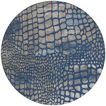 8' Navy Blue Gray And Brown Round Abstract Washable Indoor Outdoor Area Rug