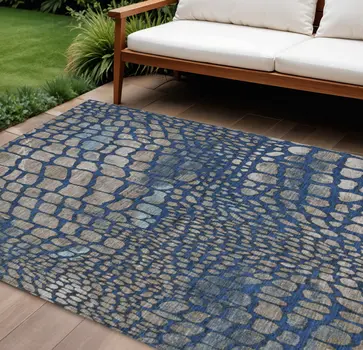 8' X 10' Navy Blue Gray And Brown Abstract Washable Indoor Outdoor Area Rug