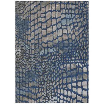 9' X 12' Navy Blue Gray And Brown Abstract Washable Indoor Outdoor Area Rug