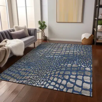 9' X 12' Navy Blue Gray And Brown Abstract Washable Indoor Outdoor Area Rug