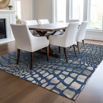 9' X 12' Navy Blue Gray And Brown Abstract Washable Indoor Outdoor Area Rug