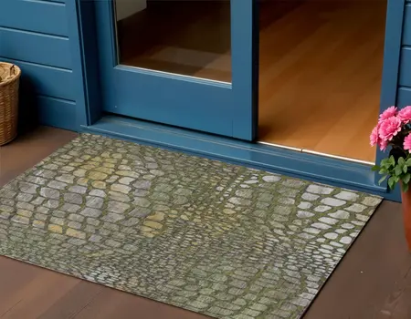3' X 5' Olive Green Brown And Gold Abstract Washable Indoor Outdoor Area Rug