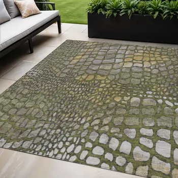 5' X 8' Olive Green Brown And Gold Abstract Washable Indoor Outdoor Area Rug