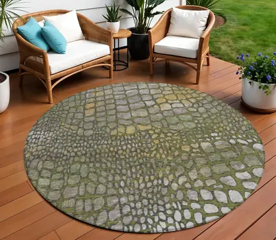 8' Olive Green Brown And Gold Round Abstract Washable Indoor Outdoor Area Rug