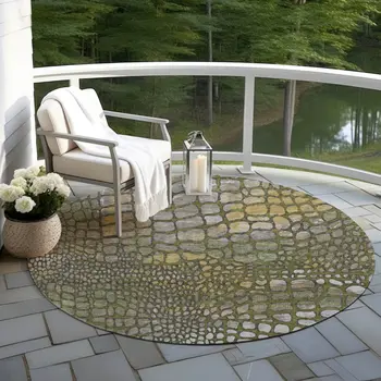 8' Olive Green Brown And Gold Round Abstract Washable Indoor Outdoor Area Rug