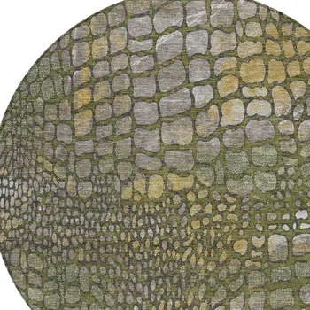 8' Olive Green Brown And Gold Round Abstract Washable Indoor Outdoor Area Rug