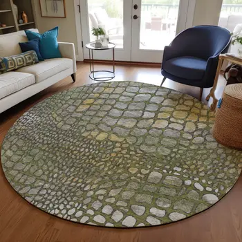 8' Olive Green Brown And Gold Round Abstract Washable Indoor Outdoor Area Rug