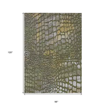 8' X 10' Olive Green Brown And Gold Abstract Washable Indoor Outdoor Area Rug
