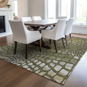 8' X 10' Olive Green Brown And Gold Abstract Washable Indoor Outdoor Area Rug