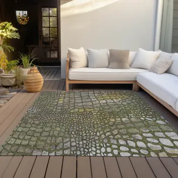 9' X 12' Olive Green Brown And Gold Abstract Washable Indoor Outdoor Area Rug
