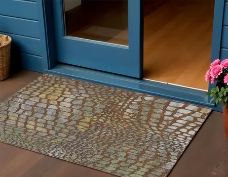 3' X 5' Copper Gold And Brown Abstract Washable Indoor Outdoor Area Rug