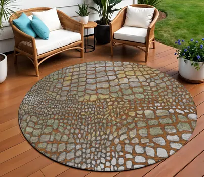 8' Copper Gold And Brown Round Abstract Washable Indoor Outdoor Area Rug