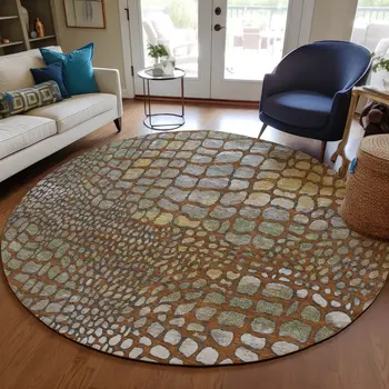 8' Copper Gold And Brown Round Abstract Washable Indoor Outdoor Area Rug