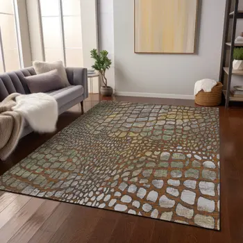 9' X 12' Copper Gold And Brown Abstract Washable Indoor Outdoor Area Rug